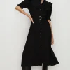 Hot Oasis Frill Detail Crepe Midi Dress Black