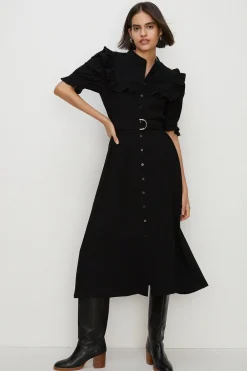 Hot Oasis Frill Detail Crepe Midi Dress Black