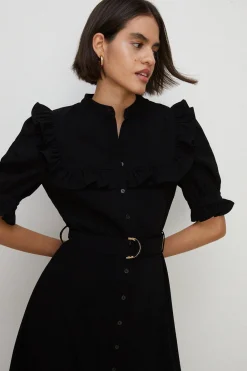 Hot Oasis Frill Detail Crepe Midi Dress Black