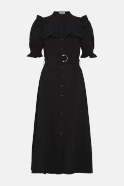 Hot Oasis Frill Detail Crepe Midi Dress Black