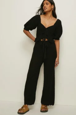 Outlet Oasis Frill Detail Knitted Tie Front Crop Top Ecru