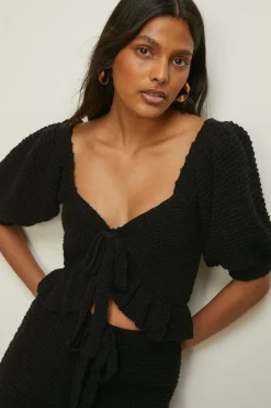 Outlet Oasis Frill Detail Knitted Tie Front Crop Top Ecru