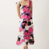 Sale Oasis Frill Floral Printed Strap Back Midi Dress Hot Pink