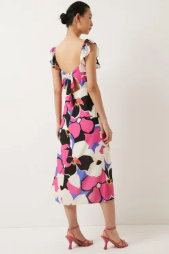 Sale Oasis Frill Floral Printed Strap Back Midi Dress Hot Pink