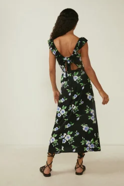 Fashion Oasis Frill Floral Printed Strap Back Midi Dress Multi