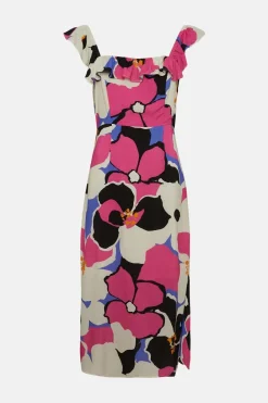 Sale Oasis Frill Floral Printed Strap Back Midi Dress Hot Pink