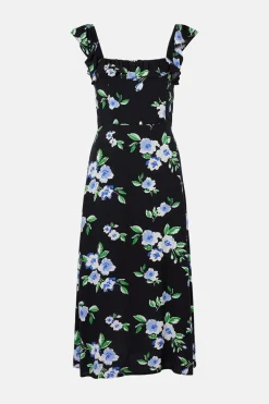 Fashion Oasis Frill Floral Printed Strap Back Midi Dress Multi