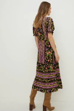 Hot Oasis Frill Ruffle Trailing Stripe Midi Dress Black