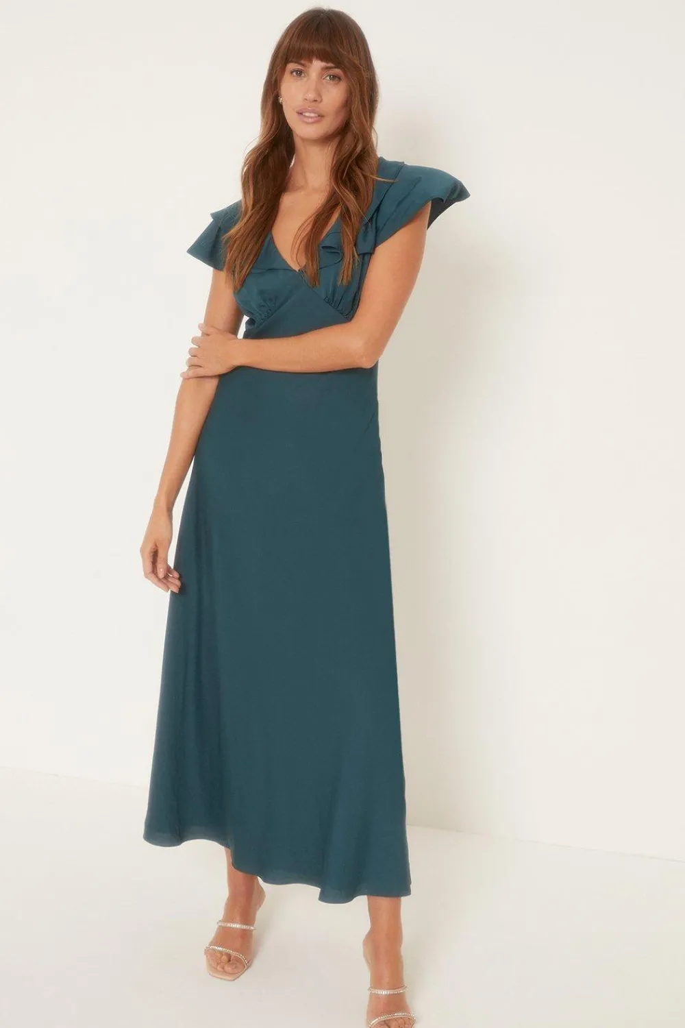 Discount Oasis Frill V Neck Satin Bias Midaxi Dress Emerald