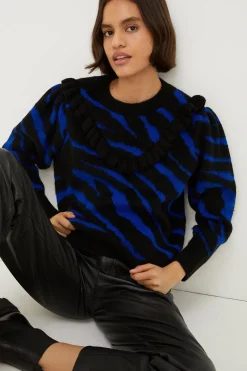 Clearance Oasis Frilly Yoke Animal Jacquard Jumper Cobalt