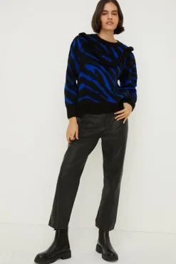 Clearance Oasis Frilly Yoke Animal Jacquard Jumper Cobalt