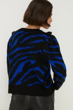 Clearance Oasis Frilly Yoke Animal Jacquard Jumper Cobalt