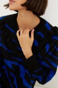 Clearance Oasis Frilly Yoke Animal Jacquard Jumper Cobalt