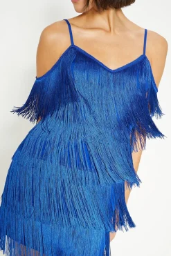 Online Oasis Fringed Cold Shoulder Mini Dress Blue