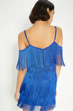 Online Oasis Fringed Cold Shoulder Mini Dress Blue