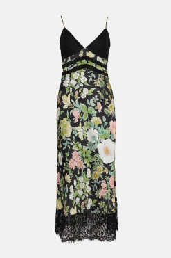 Fashion Oasis Garden Lace Trim Satin Midi Dress Floral
