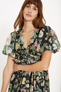 Outlet Oasis Garden Metallic Tie Front Mini Dress Floral