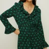 Online Oasis Geo Floral Ruffle Tie Front Skater Dress Green