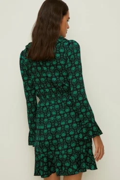 Online Oasis Geo Floral Ruffle Tie Front Skater Dress Green