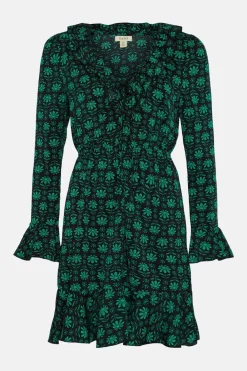 Online Oasis Geo Floral Ruffle Tie Front Skater Dress Green