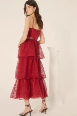 Fashion Oasis Geo Organza Strappy Tiered Midi Dress Hot Pink