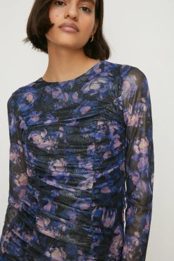 Fashion Oasis Glitter Floral Mesh Ruched Front Dress Multi
