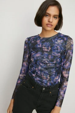 Hot Oasis Glitter Floral Mesh Ruched Front Top Multi