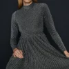 Hot Oasis Glitter Funnel Neck Pleated Skirt Midi Dress Silver