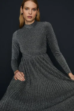 Hot Oasis Glitter Funnel Neck Pleated Skirt Midi Dress Silver