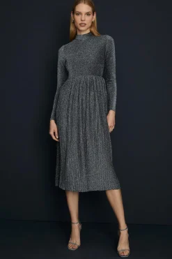 Hot Oasis Glitter Funnel Neck Pleated Skirt Midi Dress Silver