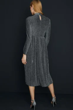 Hot Oasis Glitter Funnel Neck Pleated Skirt Midi Dress Silver