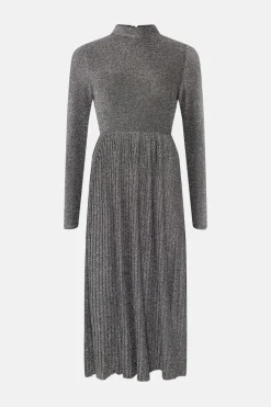 Hot Oasis Glitter Funnel Neck Pleated Skirt Midi Dress Silver