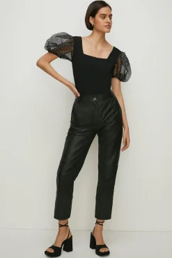 Discount Oasis Glitter Organza Puff Sleeve Top Black