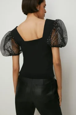 Discount Oasis Glitter Organza Puff Sleeve Top Black