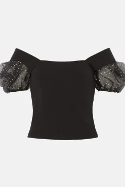Discount Oasis Glitter Organza Puff Sleeve Top Black