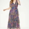 Outlet Oasis Glitter Plisse Abstract Angel Sleeve Midi Dress Multi