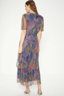 Outlet Oasis Glitter Plisse Abstract Angel Sleeve Midi Dress Multi
