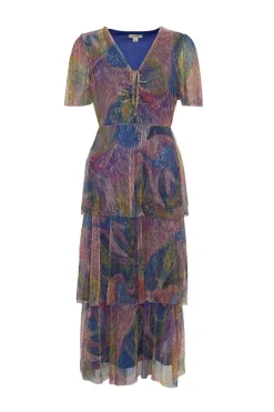 Outlet Oasis Glitter Plisse Abstract Angel Sleeve Midi Dress Multi