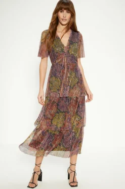 Outlet Oasis Glitter Plisse Floral Angel Sleeve Midi Dress Multi