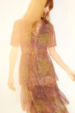 Outlet Oasis Glitter Plisse Floral Angel Sleeve Midi Dress Multi