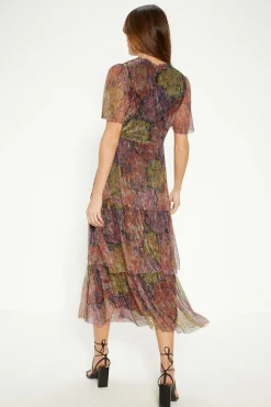 Outlet Oasis Glitter Plisse Floral Angel Sleeve Midi Dress Multi