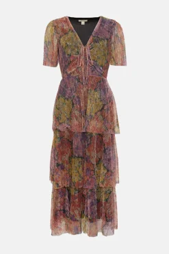 Outlet Oasis Glitter Plisse Floral Angel Sleeve Midi Dress Multi