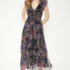 Hot Oasis Glitter Plisse Floral Frill Sleeve Detail Tiered Midi Dress Multi