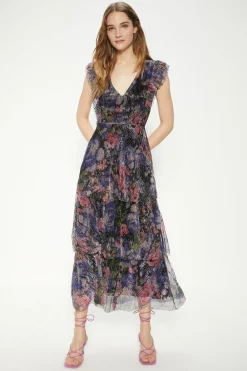 Hot Oasis Glitter Plisse Floral Frill Sleeve Detail Tiered Midi Dress Multi