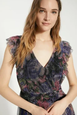 Hot Oasis Glitter Plisse Floral Frill Sleeve Detail Tiered Midi Dress Multi