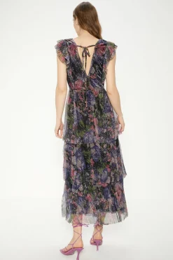 Hot Oasis Glitter Plisse Floral Frill Sleeve Detail Tiered Midi Dress Multi