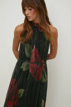 Discount Oasis Glitter Plisse Floral Halter Neck Maxi Dress Black