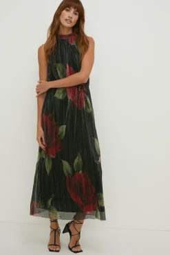 Discount Oasis Glitter Plisse Floral Halter Neck Maxi Dress Black