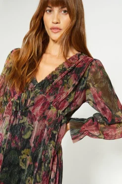 New Oasis Glitter Plisse Floral V-Neck Midi Dress Black
