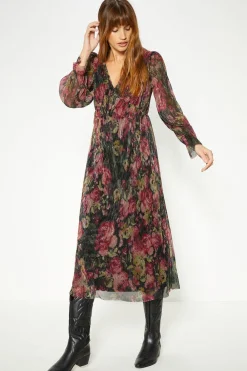 New Oasis Glitter Plisse Floral V-Neck Midi Dress Black